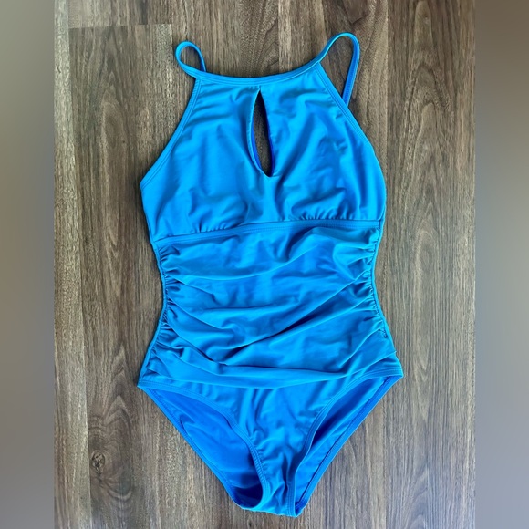 Ellen Tracy Blue One Piece Swimsuit High Neck Keyhole Front Size M | Gently Used - Picture 2 of 10